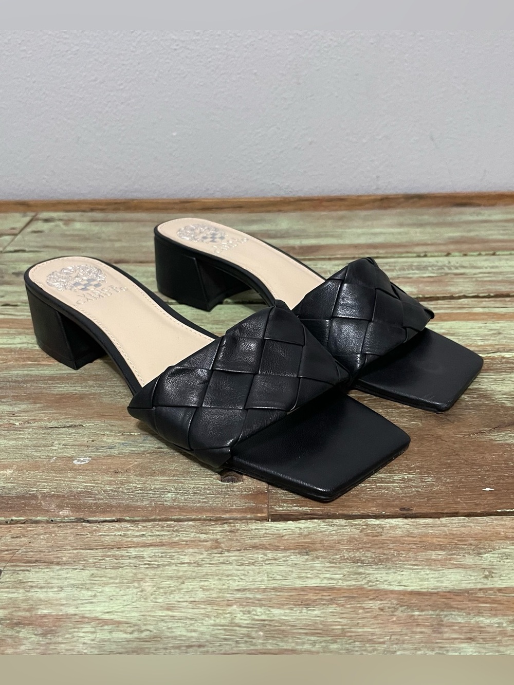 Vince Camuto Low Chunky Heel Square Toe Sandals Black Party Womens 8